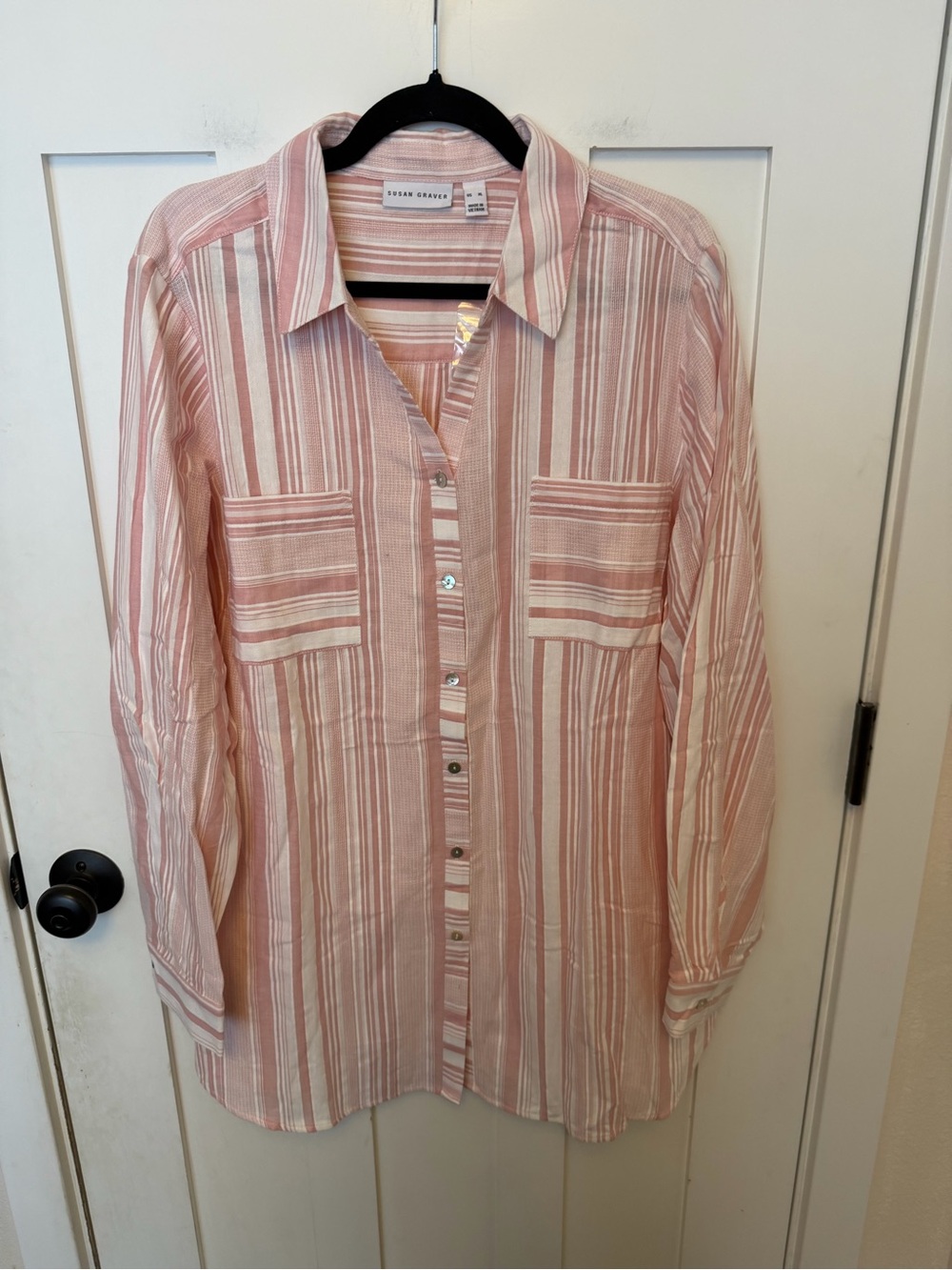 Susan Graver pink & white striped button-down tunic dual chest pockets XL New